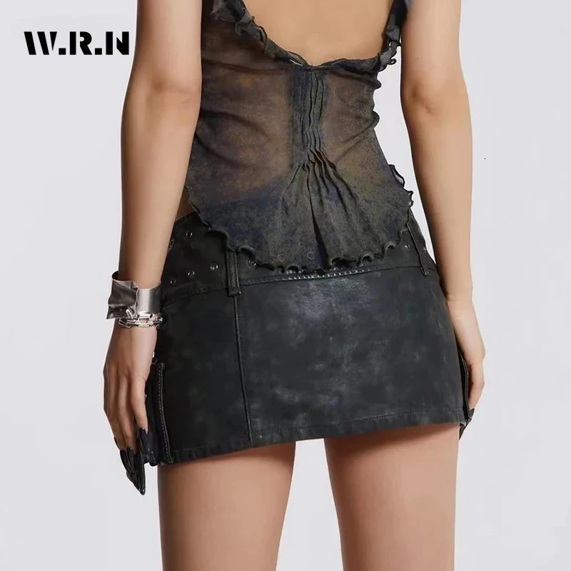 Spring Casual Retro Style Sashes Y2k Fashion Leather Skirts Womens Vintage High Waist Slim Fit A-line sweet Mini Skirt 250226