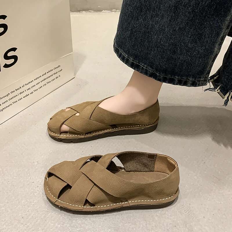 2025 Summer New Leather Women's Sandals Top Leather Handmade Weaving Designer Sandals Women's Outdoor Casual Flat Shoes Retro Art Forest Gir