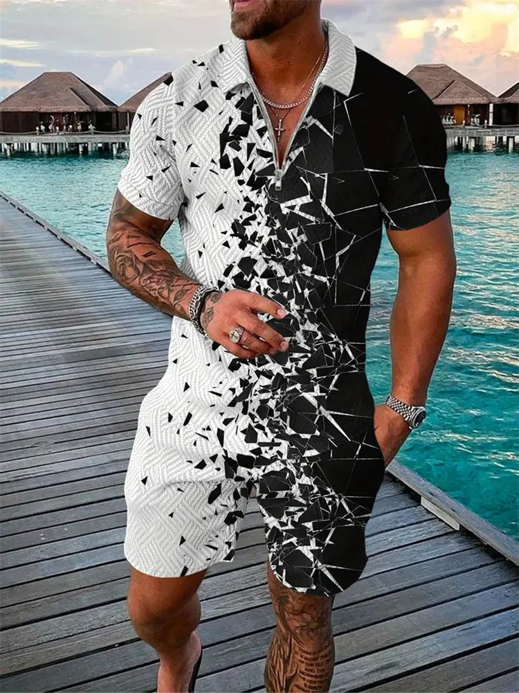 Fall Mens Zipper Lapel Short Sleeve Shirt Shorts Two-piece Fashion Street Polo Shirt Casual Shorts Hawaii Beach Set 250224