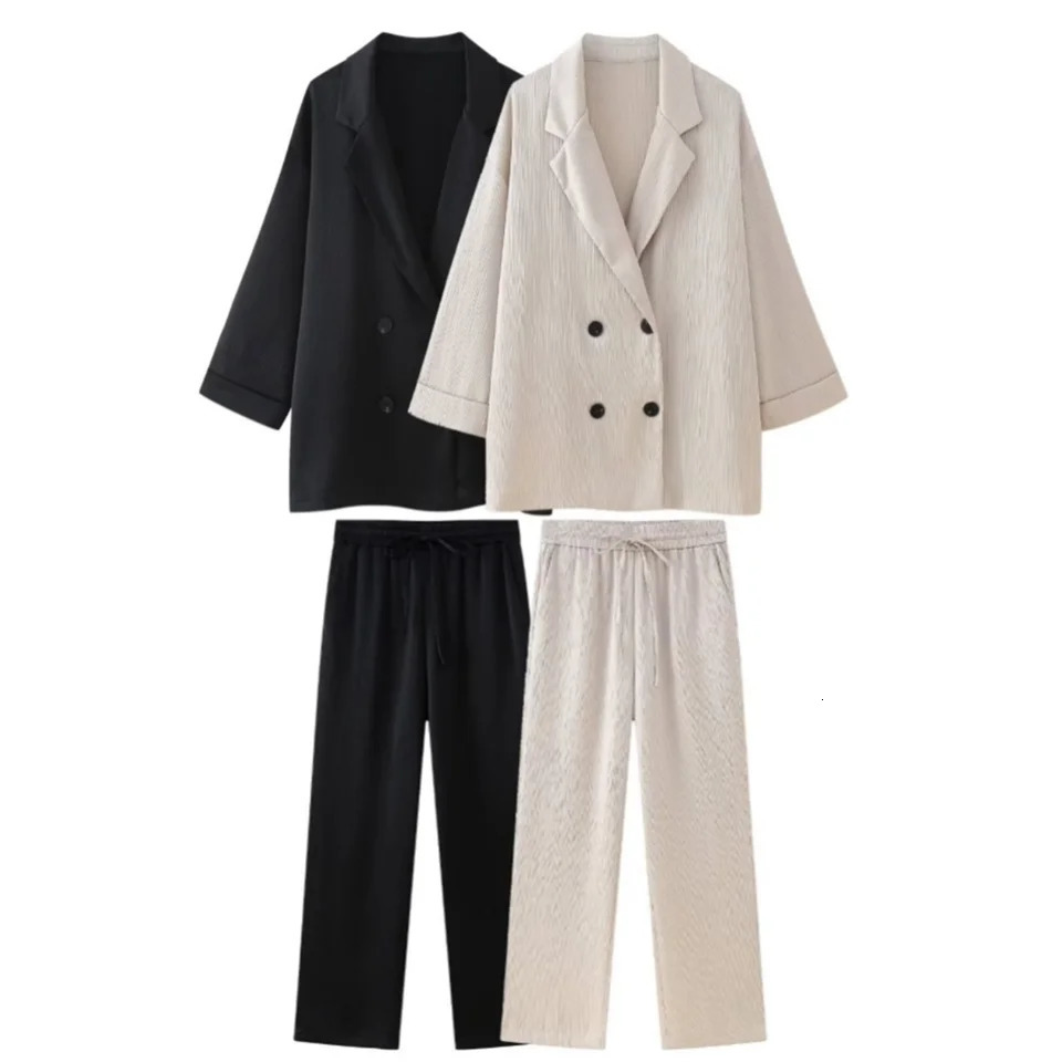PB ZA Spring Womens Fashion Elegant Edition Wrinkle Effect Double Corset Coat Straight Leg Trouser Set 250226