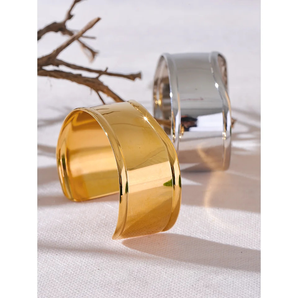 Yhpup High Quality Stainless Steel Metal Wide Cuff Open Bracelet Bangle Waterproof Texture Personalized Unisex Jewelry Bijoux 250227