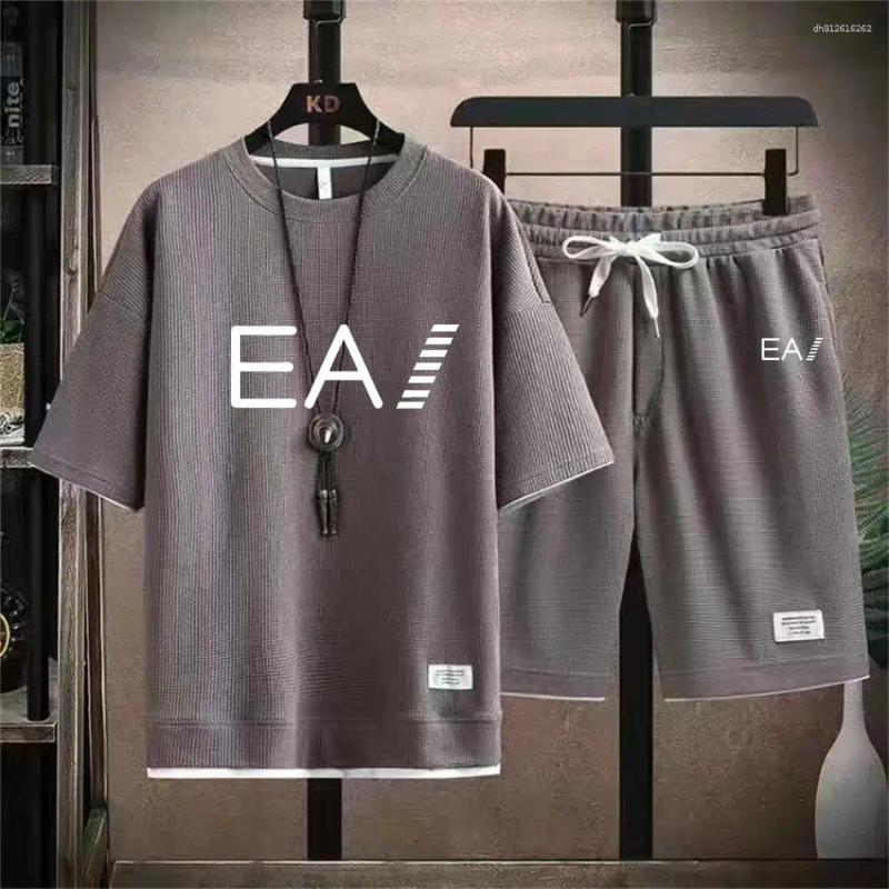 Men's Tracksuits Summer Breathable Waffle Set Crewneck Short Sleeve Track Shorts Two-piece Printed With Letters EA1