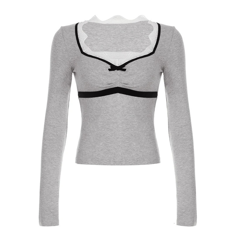 CIBBAR Lace Patchwork Square Collar Crop Top Contrast Bow Stitching Full Sleeve Tshirt y2k Aesthetic Korean Fashion Women Tees 250226
