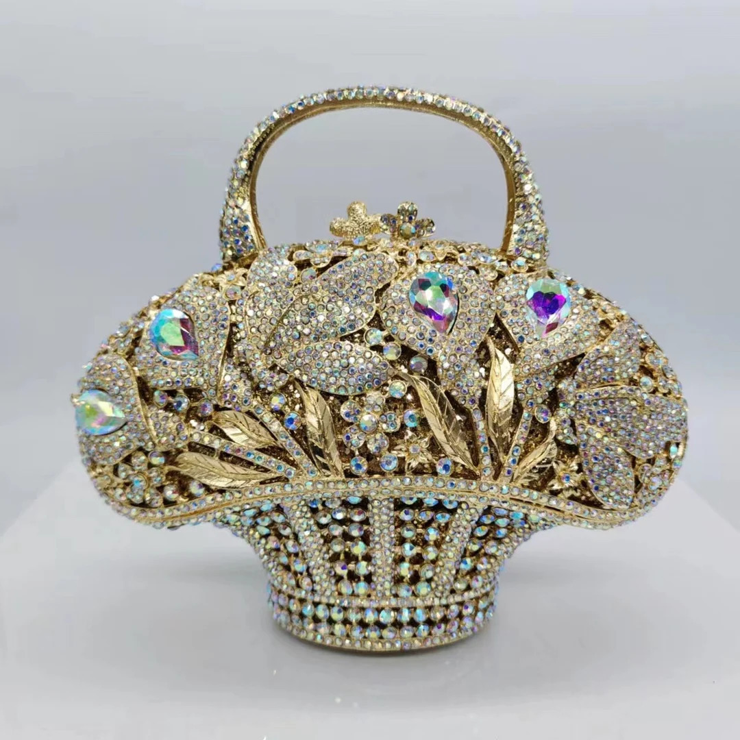 Flower Basket Diamond Dinner Bag Metal Hollow HandHeld Rhinestone Womens Banquet Clutch Purse Crystal Vintage Handbags 250226