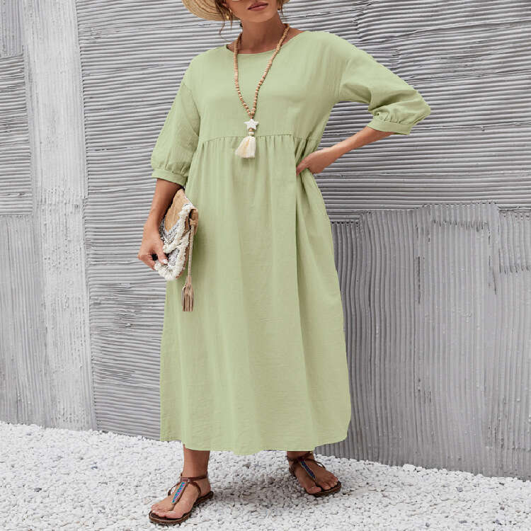 Women's European American Solid Color Lantern Sleeve Loose Cotton and Hemp Pocket Dress 2025 New Casual Fashion Trendy Clothing