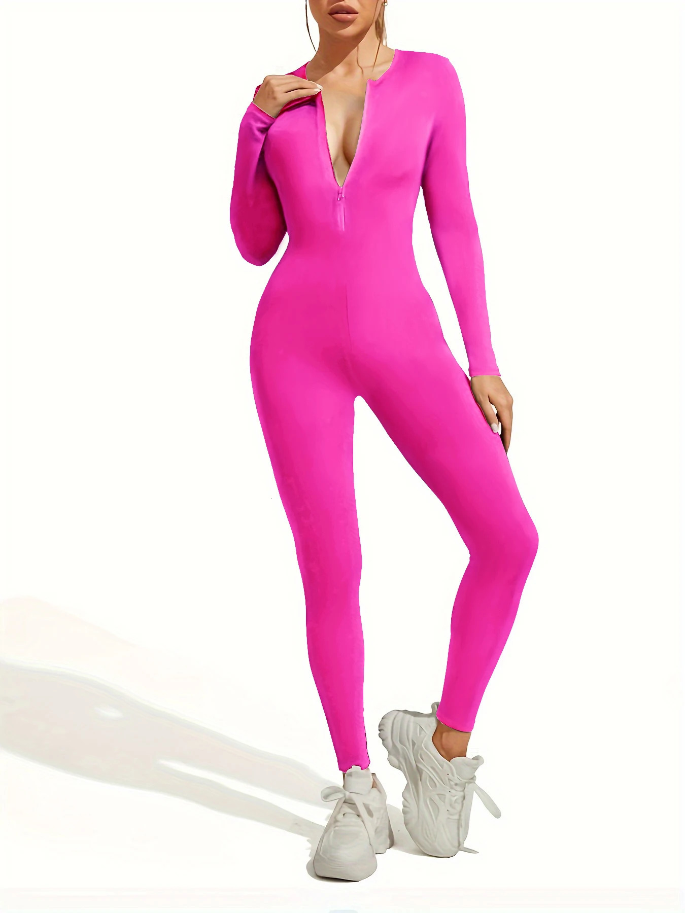 Fall sexy bodysuit for women solid color ribbed long sleeve zipper bodycon sporty clothing rompers womens jumpsuit 250224CJ