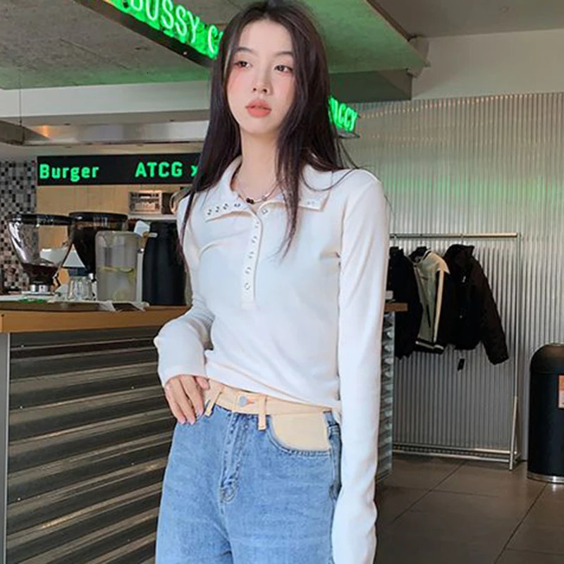 Fall Winter Long Sleeve Knit Pullovers Woman Y2K High Street Button Up Sweaters for Women Vintage Gray Ribbed Bottoming Tops 250227