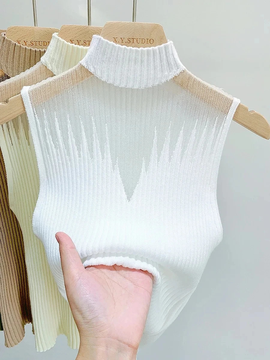 Mesh Knitted Top Women Y2K Tank Top Half Neck Vest Female Sleeveless Sweater Chic Cut Out Streetwear Solid Skinny White Tube Top 250226