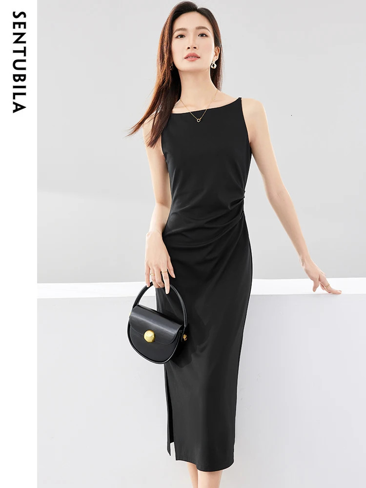 SENTUBILA Simple Party Black Midi Dress Women Spring Autumn Slim Temperament Slash Neck Sleeveless Lady Dresses Q33L52443 250226