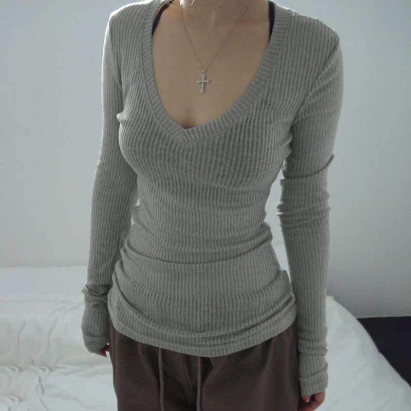 CIBBAR Slim-fitting Knitted Crop Top Solid Micro-transparent T-shirt Smock Women Sexy Full Sleeve V-neck Tees Shirts Y2k Vintage 250227