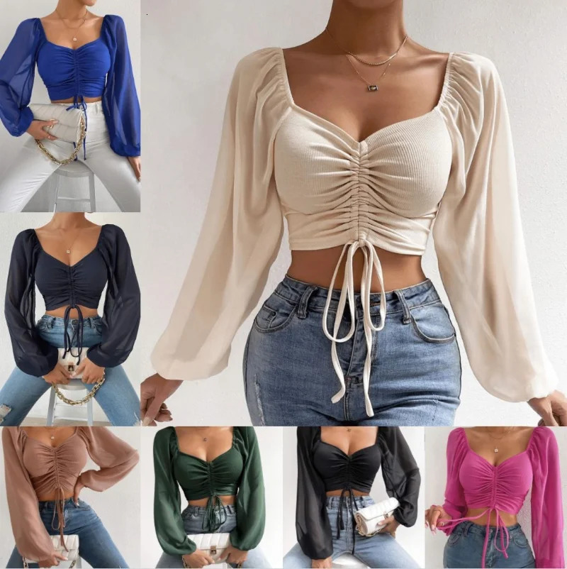 Ladies Blouses Summer Short Tshirt Woman Clothes Long Sleeve T Shirt Sexy Vneck Women Casual Drawstring Crop Tops Tee 250226