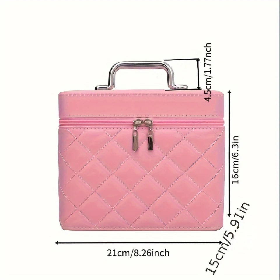 Ship from US Argyle Quilted Cosmetic Box Large Capacity Makeup Bag Zipper Handle Portable Carrying Case 250227FBB