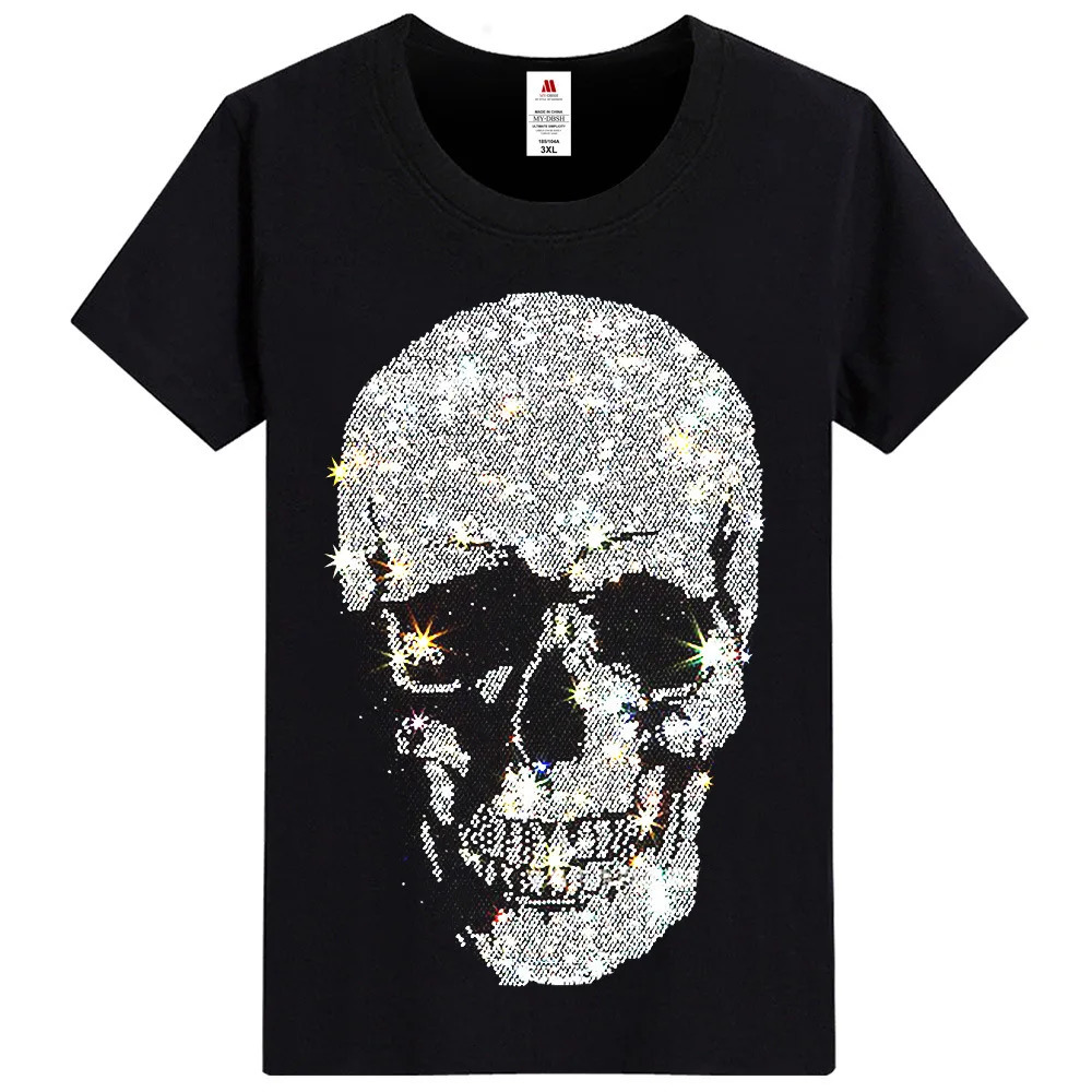 Summer Men Black T-shirt Hip Hop Man Skull Head diamond T Shirts Fashion rhinestone Man T-shirt 250226