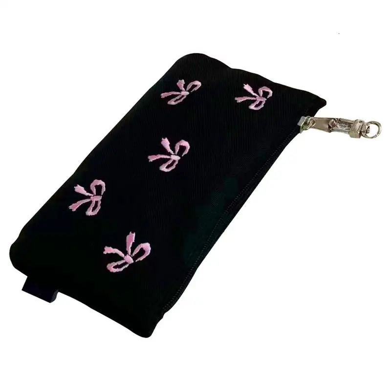Ship from US Canvas Cute Bow Embroidered Bag Bowknot Pencil Case Cosmetics Lovely Pencilcase Large Capacity School Supplie 250227FBB