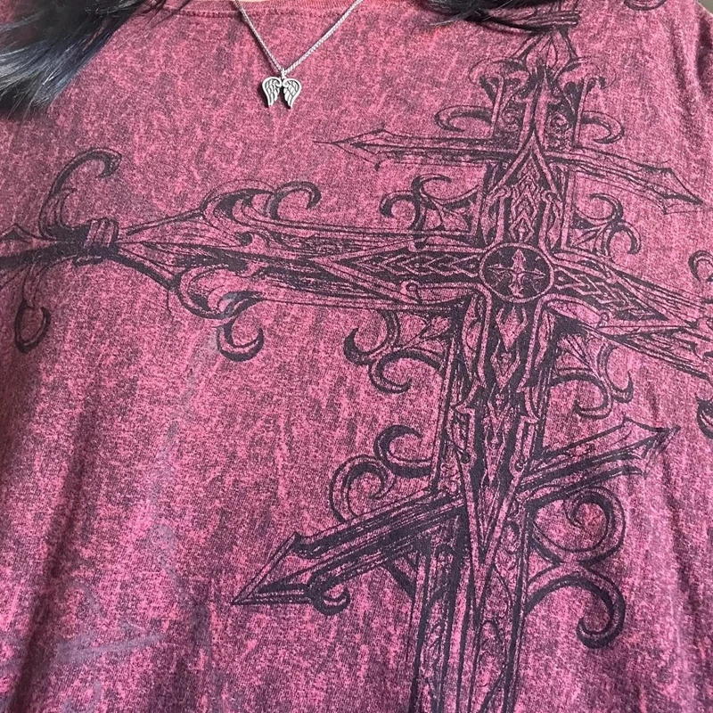 Y2K Grunge Emo Retro Tshirt 2000s Cross Network Gothic Patch Work Long Sleeve Egirl Harajuku Loose Top Women 250226
