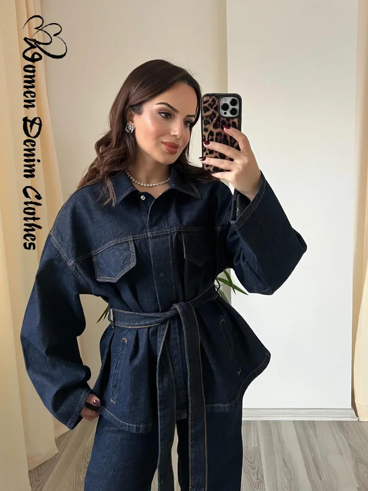 Fashion Denim Jacket Pants Set Women With Belt Lapel Button Jackets High Waist Straight Trousers 2025 Spring Lady Pockets Outfit 250226