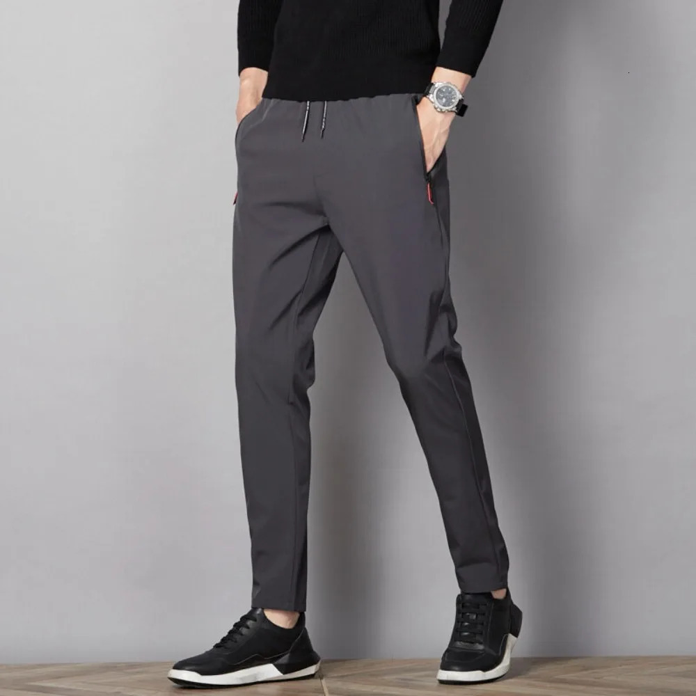 Mens Ice Silk Pants Summer Mens Casual Sports Pants Gray Zipper Pockets Slim Straight Breathable Lightweight Cool Feeling 250227