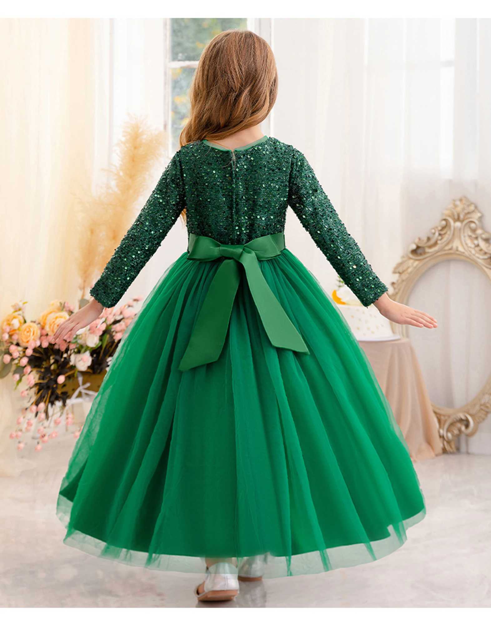 Girl's Dresses Little Big Girls Winter Long Sleeves Sequined Flower Girl Birthday Party Pageant Holiday Long Dress 23822 Y250227A048