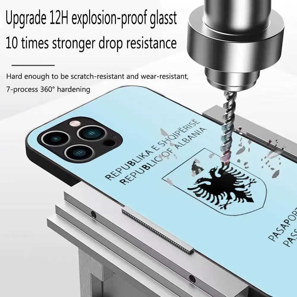 Albania Passport Phone Case Glass Shell FOR IPhone 14 11 12 8 7 15 Plus 13 Pro MAX XR XS MINI Covers Z250227