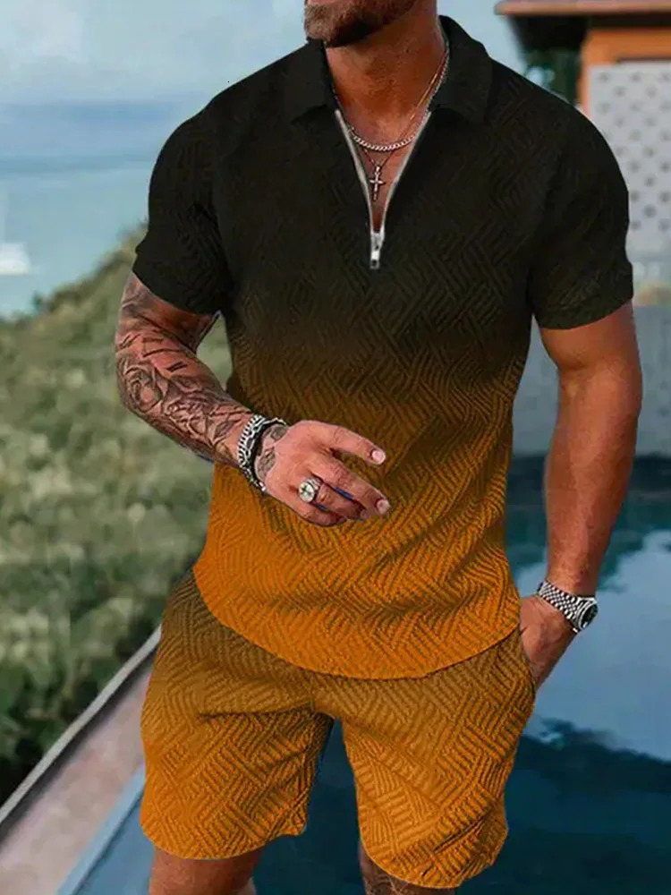Fashion Mens Short Sleeve Shorts Two Piece Summer Zipper Polo Shirt T-Shirt Shorts Set Lapel Gradient Top Hawaii Travelwear 250224