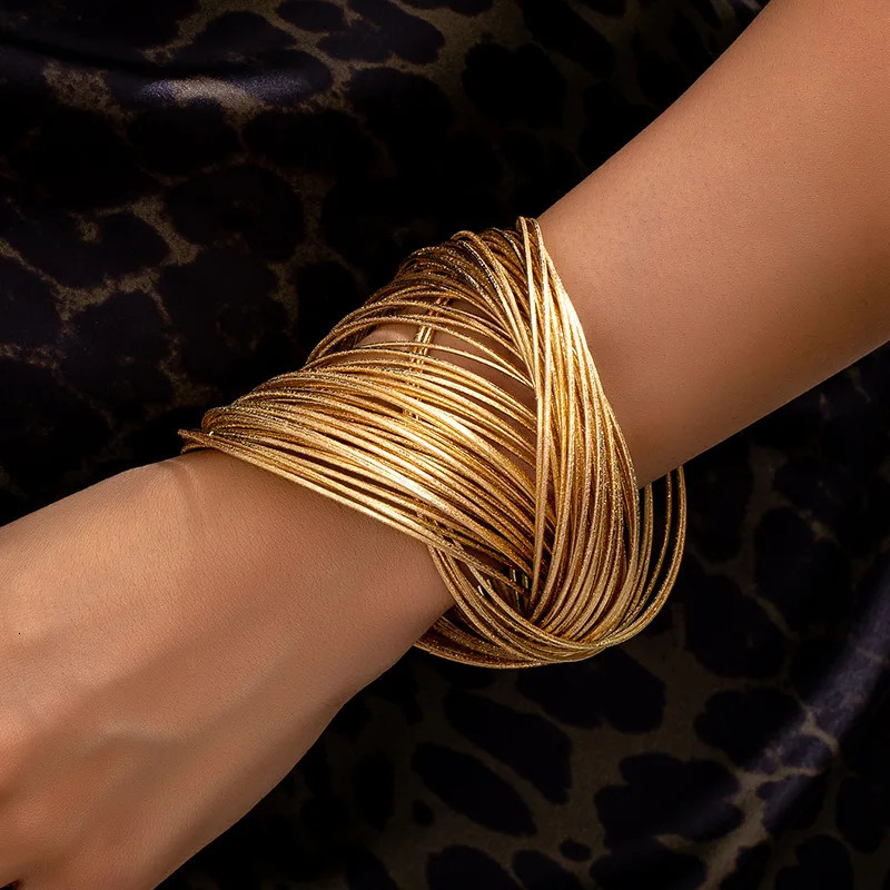 Vintage Hyperbolic Layered Gold Plated Wide Wire Bracelet Bangle for Women Exaggerated Wrist Wrap Bangle Hand Jewelry Gift 250227