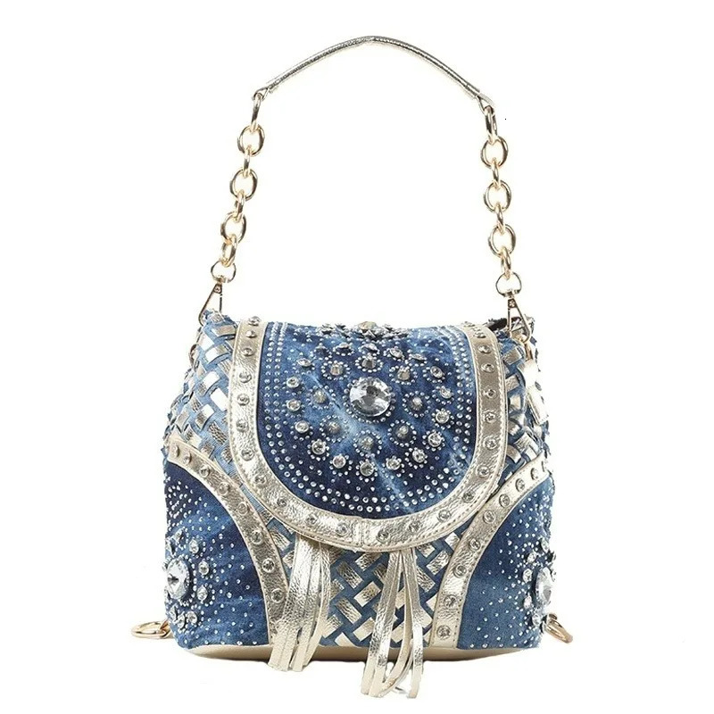 Ship from US Multifuctional Denim Women Backpack Handbag Jeans Bags with Diamonds Shoulder Bag Mini Cute Tote 250227FBB