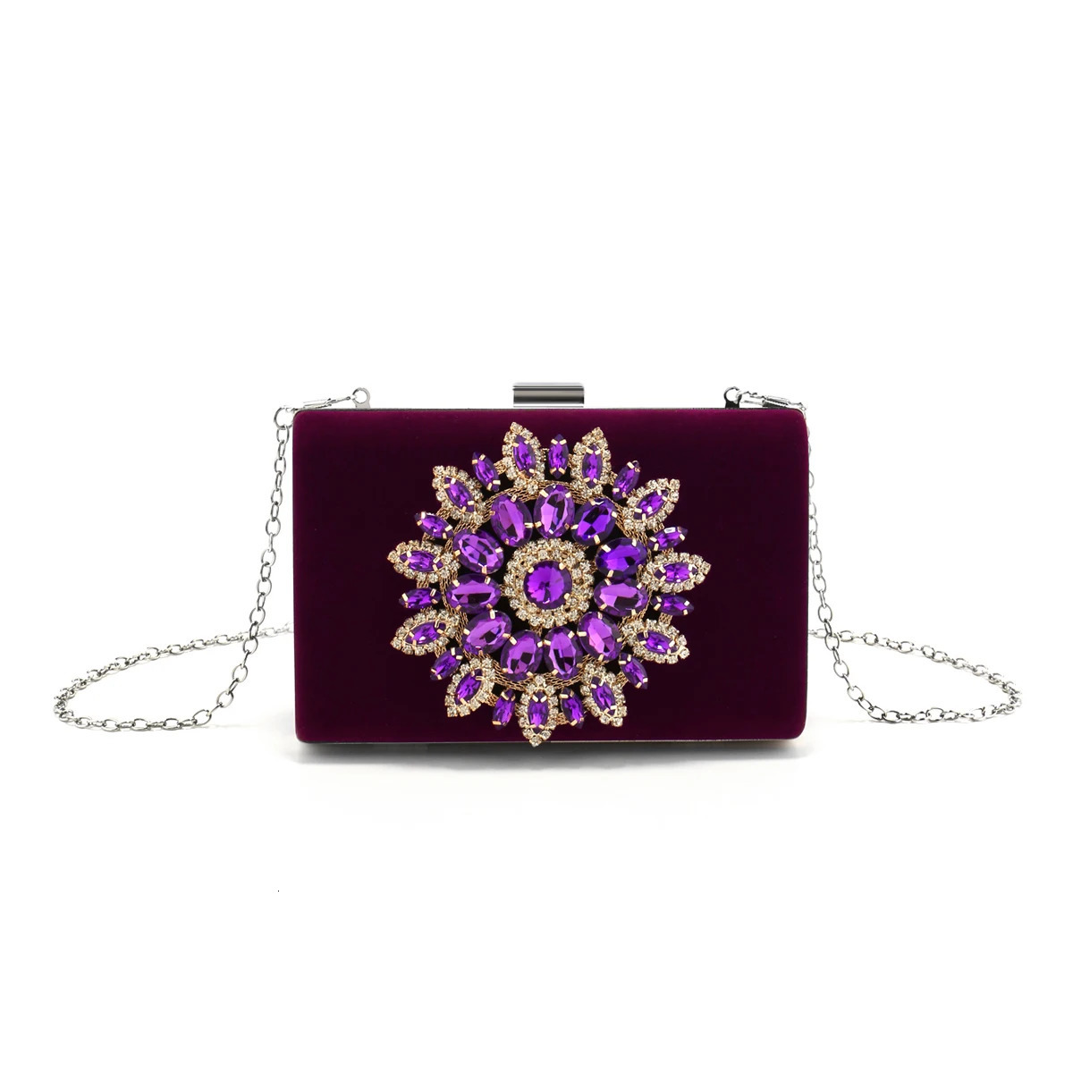 Purple Color Women Evening Bags Flower Rhinestones y Clutch Bag Velvet Flap Fashion n Party Event Diamonds Shoulder Ch 250226