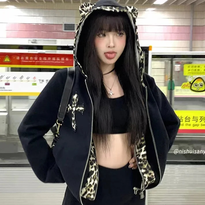 Y2K retro leopard print double hooded streetwear Gothic womens clothing long sleeved zipper mens 250226