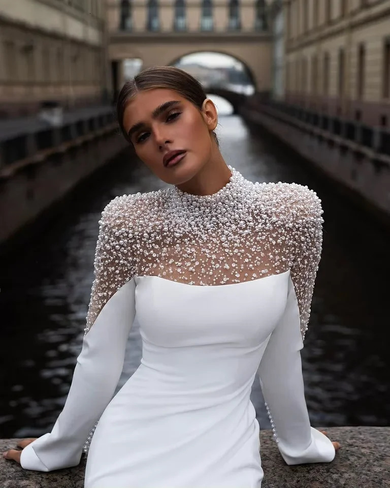 Customzied 2025Mermaid Wedding Dresses Long Sleeve Church Sweeping Train Pearl Turtle Neck Womens Bridal Gowns for Formal Occas 250224