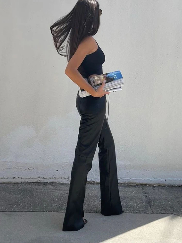 Cryptographic Fashion PU Faux Leather High Rise Skinny Straight Pants for Women Streetwear Bottom Club Party Goth Pant Trousers 250227