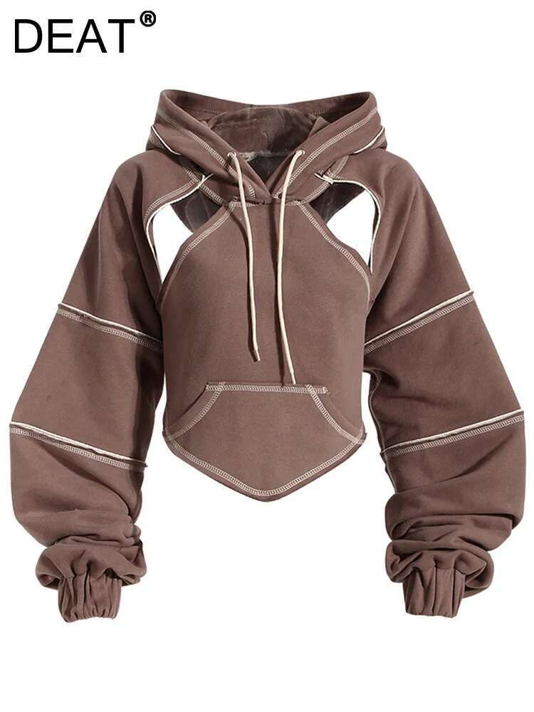 DEAT Fashion Women's Hoodies Contrast Color Open e Hooded Cut Out Backless Bandage Sweatshirt Autumn 2025 New 1DF1820