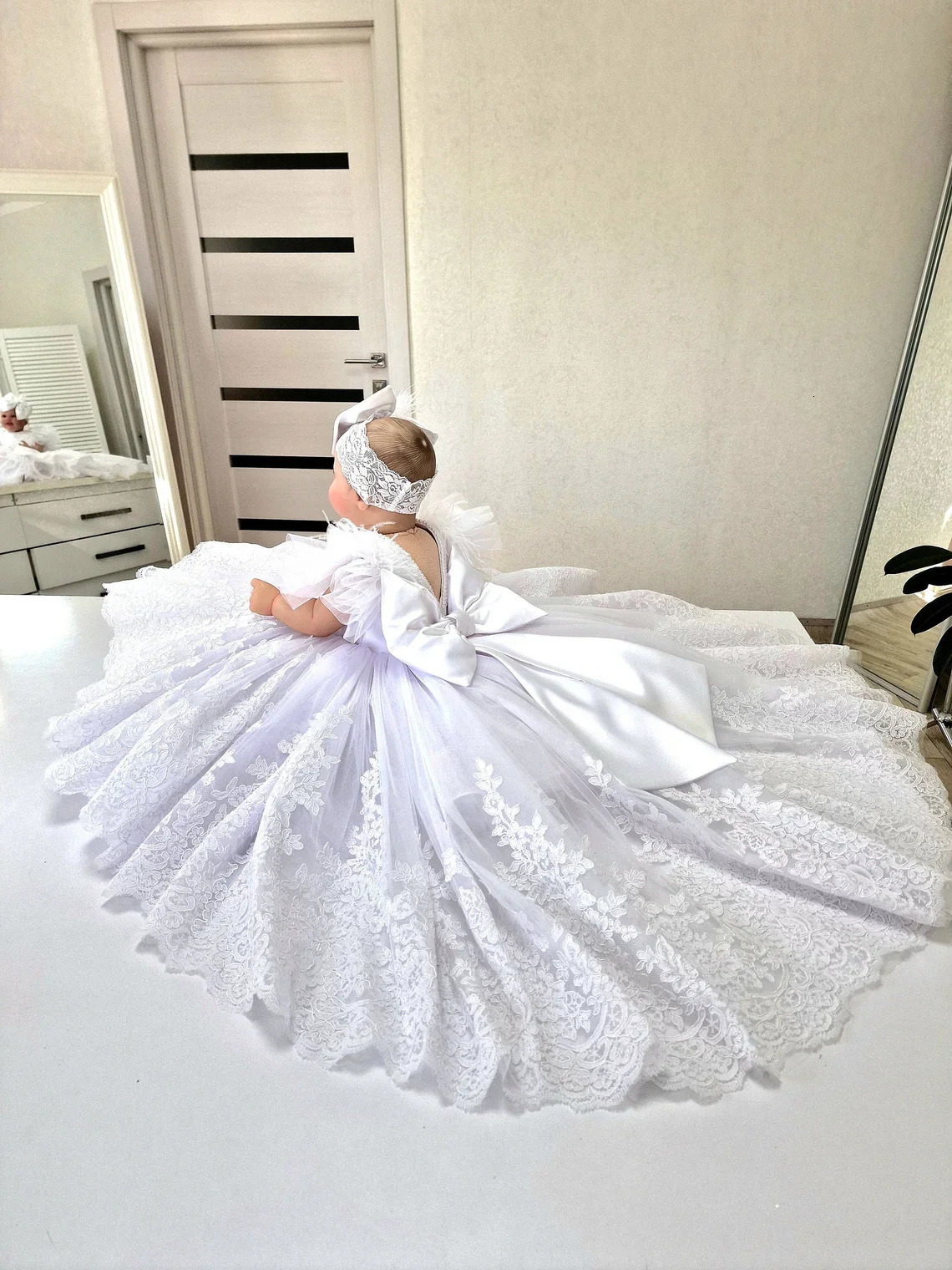 White Lace Baby Toddler Christening Dresses Kids born Party Feather Pearls First Communion Wedding Prom Baptism Outfits 250227