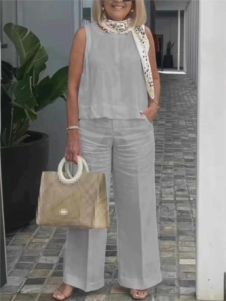 Simple Cotton Linen Womens Suits Summer Fashion Sleeveless Loose Blouse Wide Leg Pants Two Piece Set For Women Casual Outfits 250226