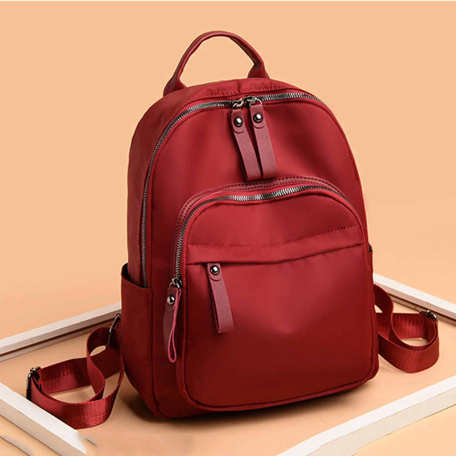 Ship from US Womens Fashion Solid Color Fabric Large Capacity School Bag Adjustable Shoulder Strap Double Mochila 250227FBB