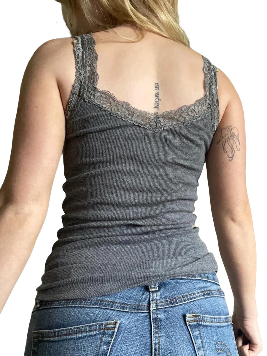Womens Fashion Lace Patchwork Tank Tops Sleeveless Vests Summer Slim Fit Crop Streetwear with a Wild LowCut n 250226