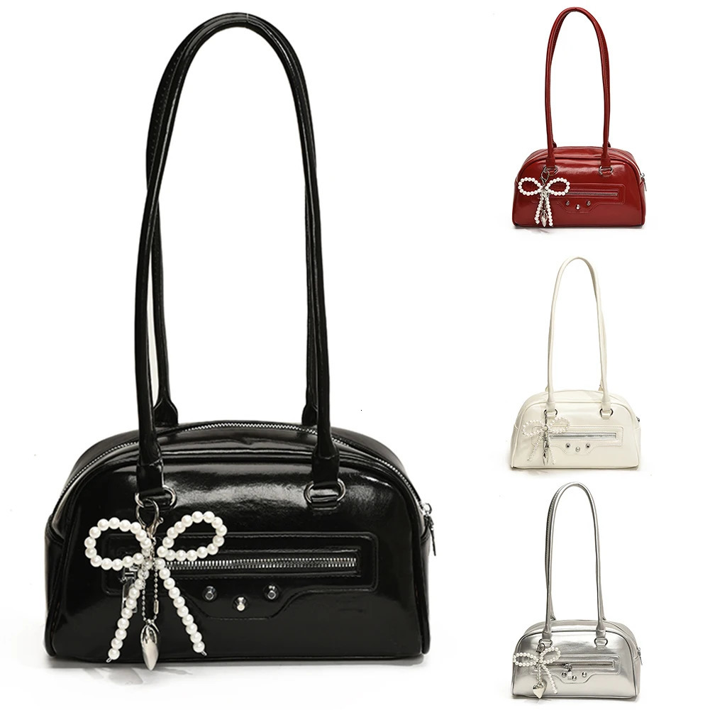 Ship from US Women PU Shoulder Bag Trendy Tote Handbag Large Capacity Chic Hobo Zip Closure with Bow Pendant Outdoor Travel 250227FBB