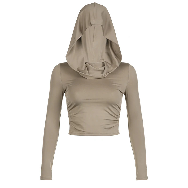 CIBBAR Solid Folding Hoodie Womens Grunge y2k Full Sleeve Tight Tshirt Harajuku Street Style Autumn Casual Retro 250226