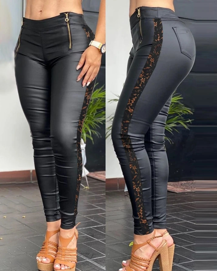 Womens pants autumn fashion crochet lace patch zipper n PU leather high waisted tight for women 250227
