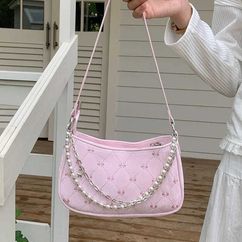 Pink Womens Shoulder Bag Elegant Cute Bow Pearl Chains Bow Embroidery Handbag Casual Leather Korean Female HandbagXJ250227