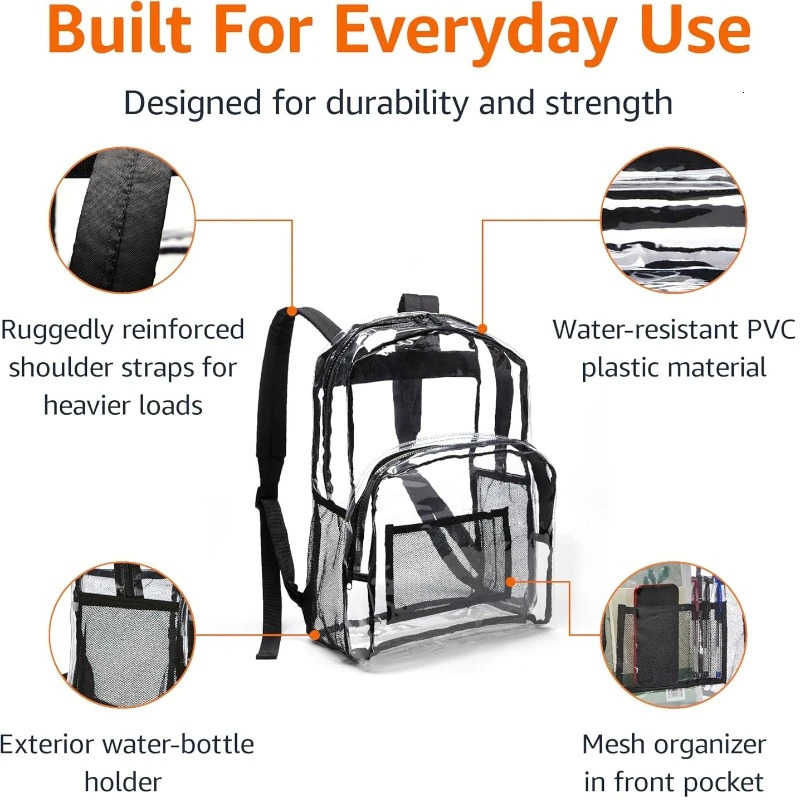 Ship from US Transparent School Backpack With WaterResistant PVC Plastic Material and Ruggedly Ruinforced Shoulder Straps Clear 250227FBB