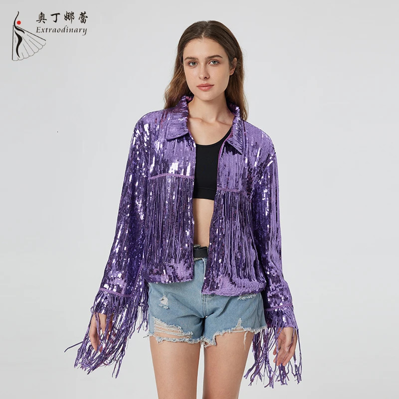 Distinctive Womens Sequin Suit Jacket Tassels Informal Occasion Purple Coat 250227