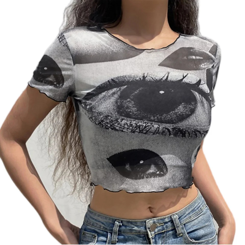 Womens Sexy Eye Print Camis Crop Top Casual Tank Tops Vest Sleeveless Streetwear High Street Tee Shirt 250226