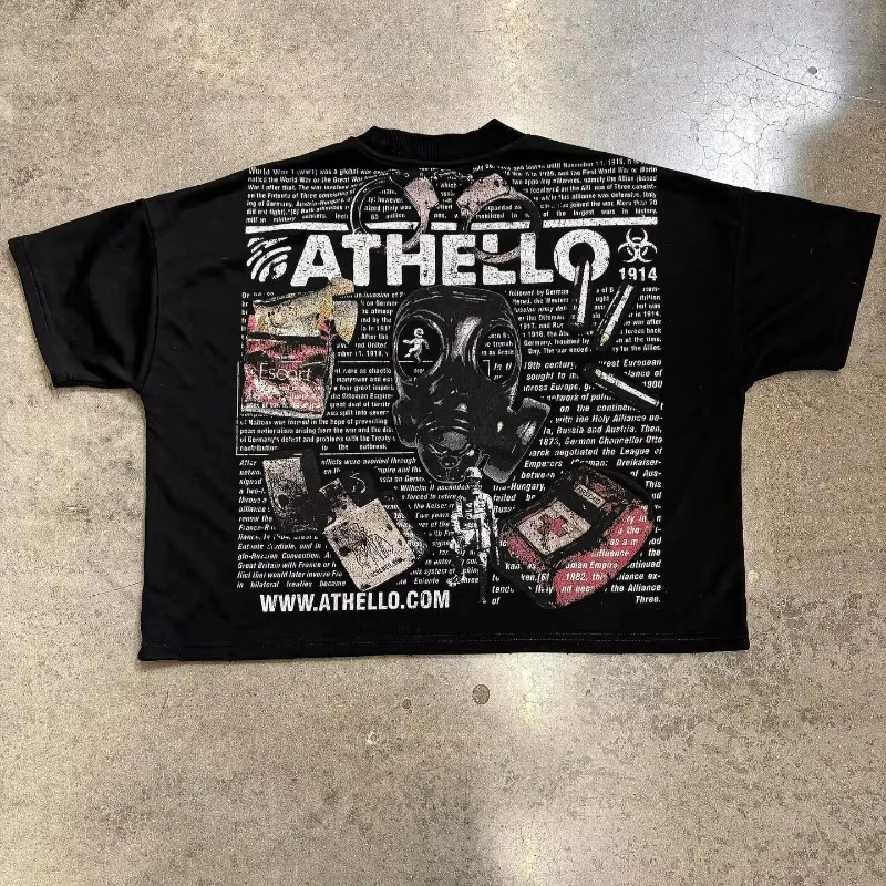 Y2K retro hiphop street clothing oversized pattern printing men shortsleeved casual cotton loose and women top 250226