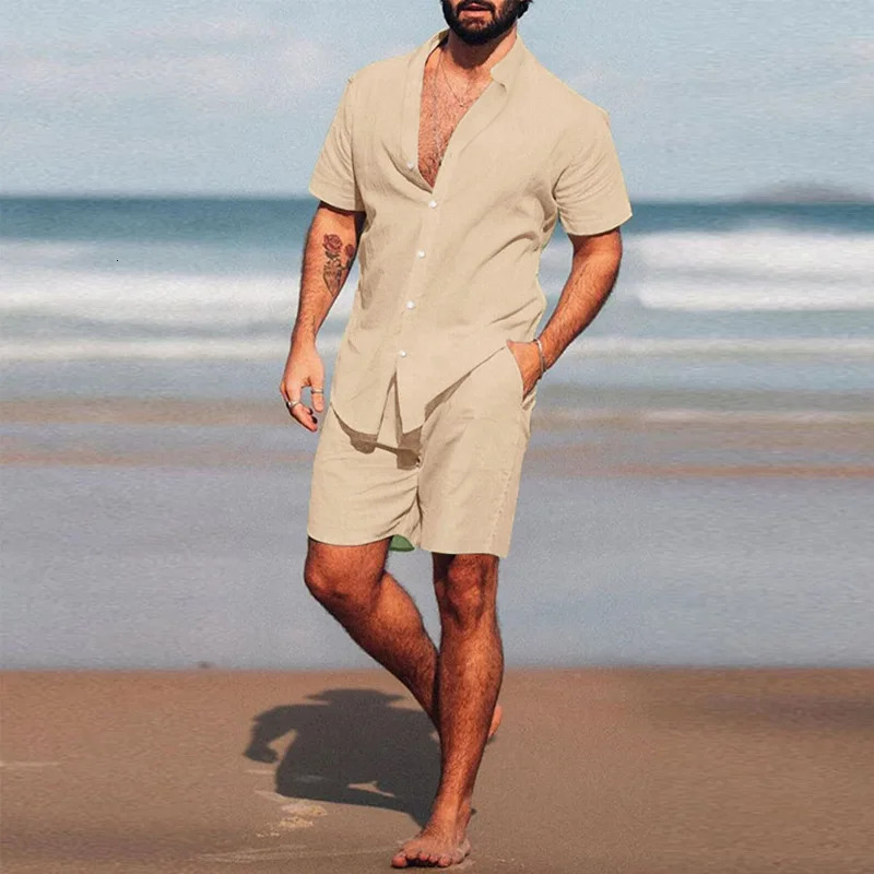 Mens Linen Tracksuit Set Summer Solid Color Stand Collar Short Sleeve ShirtsShorts Streetwear 2 Piece Suit 250222