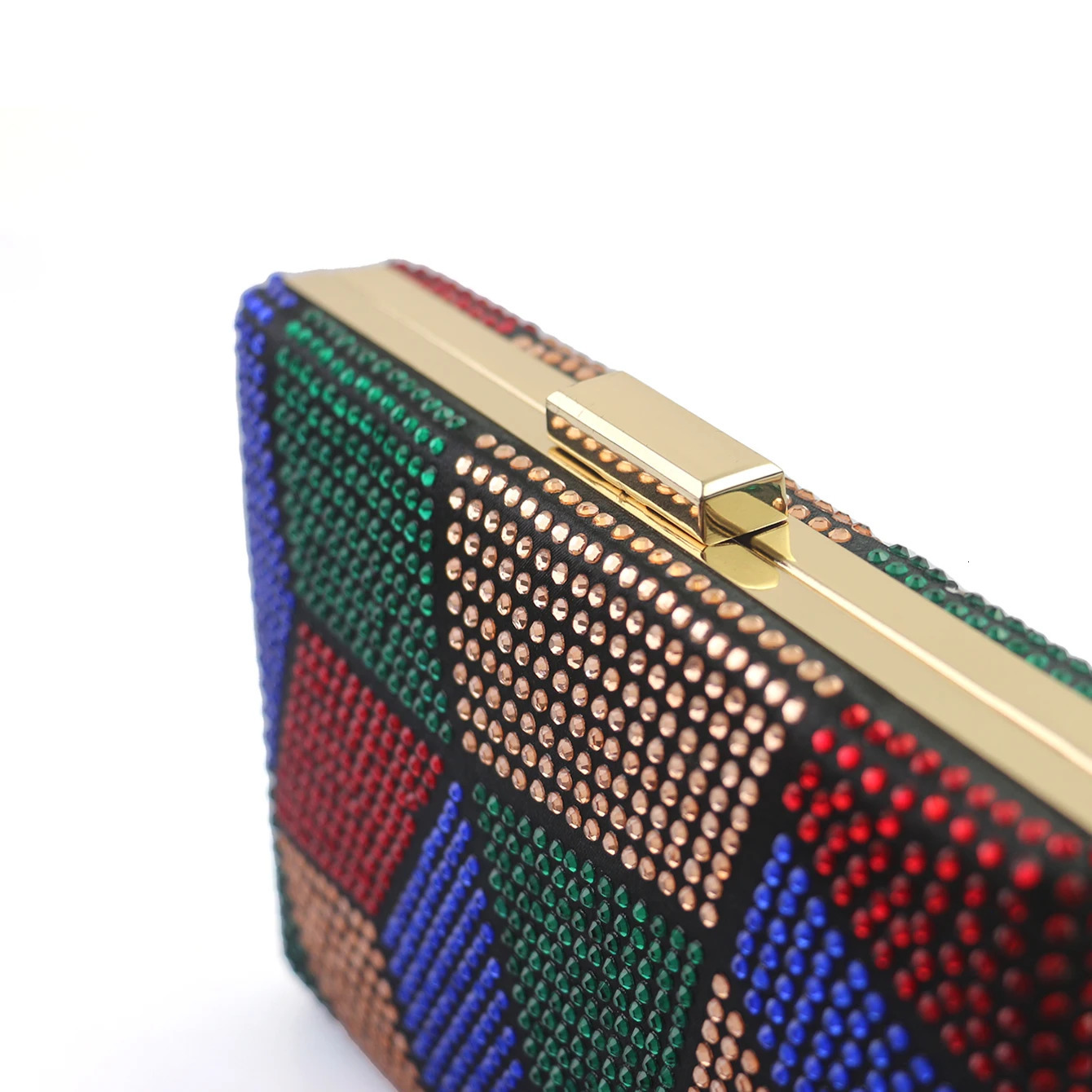 Gorgeous Sparkling Diamond Colorful Rhinestone Block Geometric Pattern Satin Hard Shell Small Square Bag Womens Clutch Evening Bridal Vale 250226
