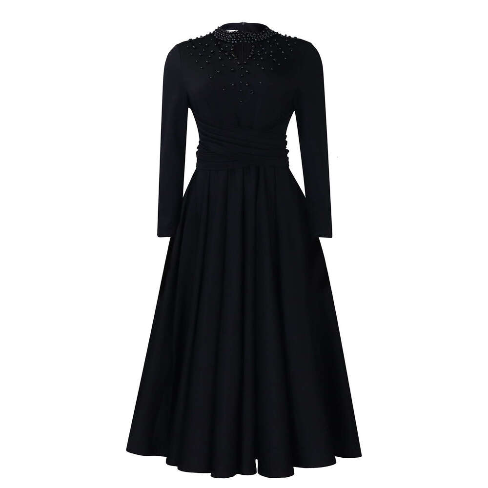 D454 Women's Fashionable High Collar Elegant Nail Bead Grand Swing with Waist Folding African Dress 2025 New Casual Versatile Fashion Clothing
