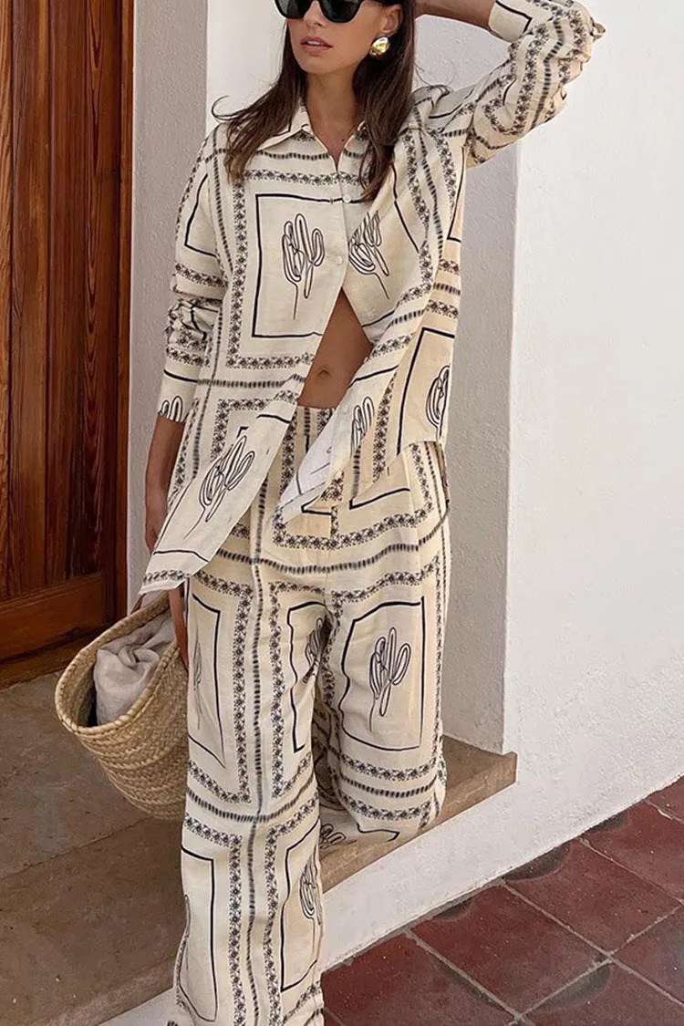 Printed Shirts Two Piece Set Women Long Sleeve Lapel High Waist Wide Leg Pants Suit For Home Wear Outfits Clothing 250226