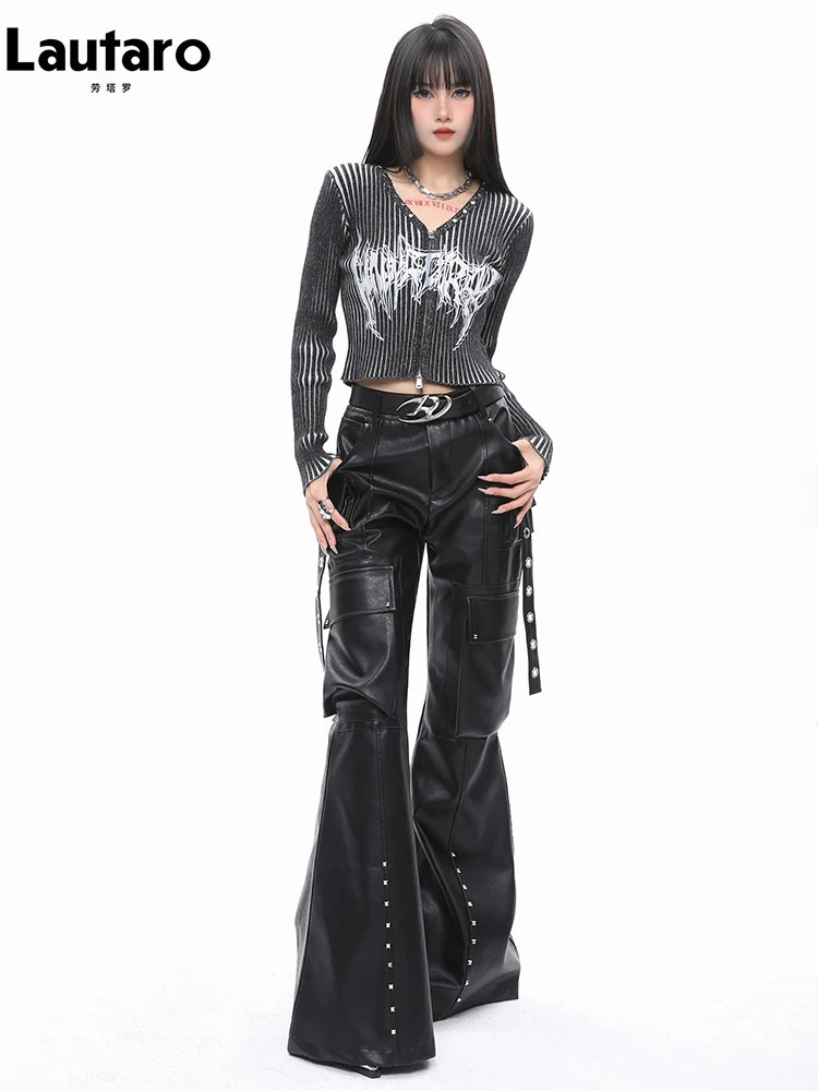 Lautaro Spring Autumn Soft Black Baggy Pu Leather Wide Leg Cargo Pants for Women High Waist y ner Emo American Clothes 250227