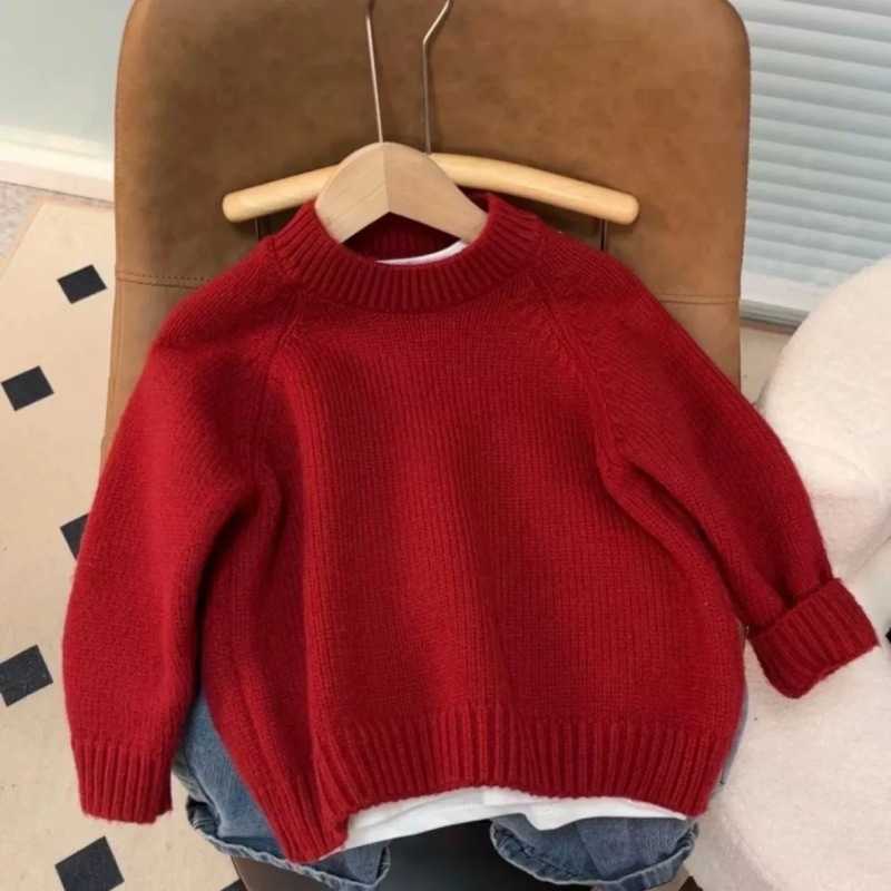 Pullover Childrens sweater simple red sweater for boys and girls autumn and winter casual with raglan sleeves knitted sweater pullover top for childre