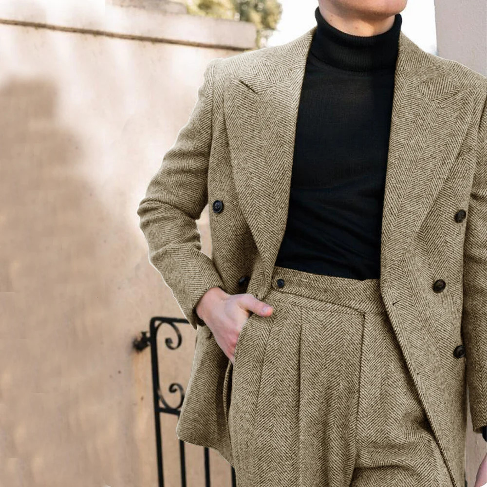 Mens Wedding Suit Herringbone Double Breasted Formal Mens Lapel Mens Suit 2 Piece Mens Full Suit Elegant Slim Fit 250224